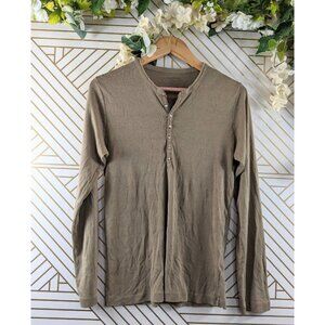 Filatures Du Lion Deluxe Tee Shirt Henley Long Sleeve Brown 100% Cotton Size L